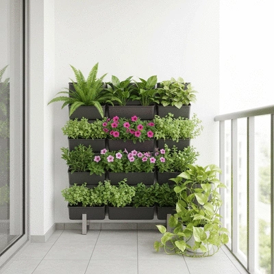 Vertical garden with various plants and small containers on a balcony