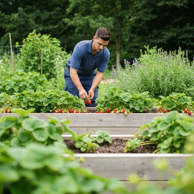 Gardener tending to strawberries in a raised bed