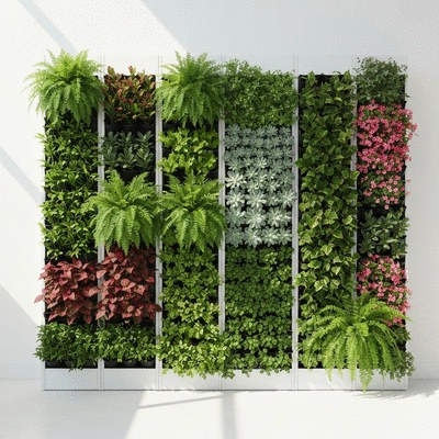 Vertical garden setup with various plants