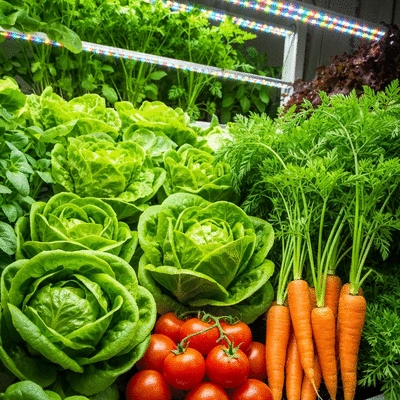 An array of fresh, healthy vegetables growing indoors under LED lights