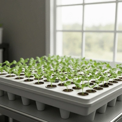 Hydroponic seed starting tray with young seedlings