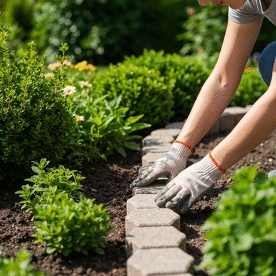 Gardener installing landscape edging stones
