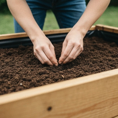 A person's hands gently planting seeds into the rich soil of a wooden raised garden bed, focus on hands and soil, no text, no words, no typography, clean image