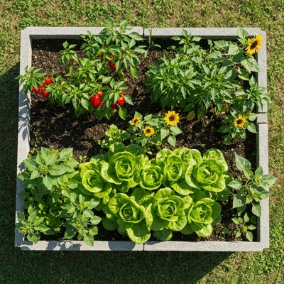 Overhead shot of a thriving concrete block raised garden bed with various companion plants growing together, showing healthy foliage and colorful produce