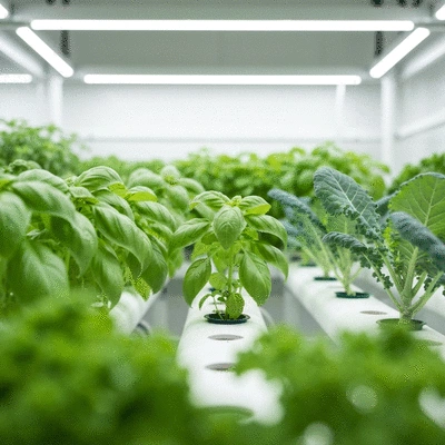 Hydroponic setup with various green plants growing in a clean, modern indoor environment