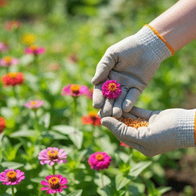 Close-up view of zinnia seeds on a gardener's hand, ready for planting