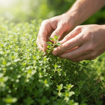 Gardener inspecting Lemon Thyme plant for pests, close-up on leaves