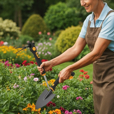 Gardener using ergonomic tools to maintain neutral posture