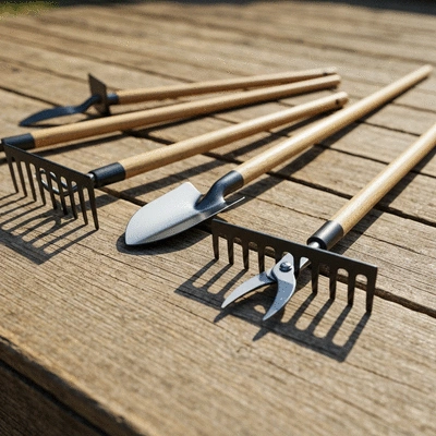 Assortment of quality garden hand tools neatly arranged on a wooden surface