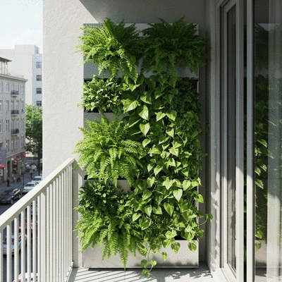 Modern vertical garden planter on a small urban balcony