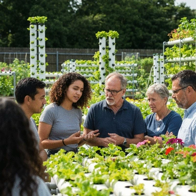 Group of people discussing aquaponics in a community garden setting, no text, no words, no typography, clean image