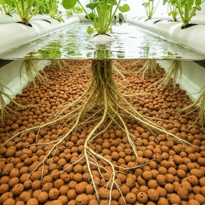 Close-up of aquaponics grow bed medium with plant roots, no text, no words, no typography, clean image