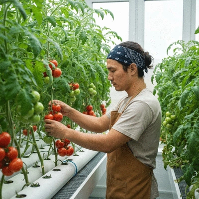 Urban gardener tending to hydroponic tomatoes