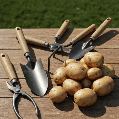 Gardening tools and fresh potatoes