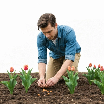 User planting tulip seeds in a garden