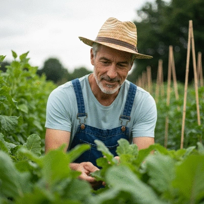Gardener tending to plants, inspecting for mistakes