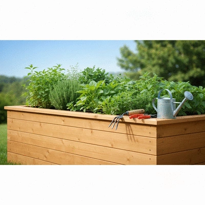 A beautifully constructed wooden raised garden bed filled with healthy green plants, with gardening tools resting on the edge, no text, no words, no typography, clean image