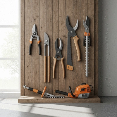 Various types of pruning tools neatly arranged on a wooden background