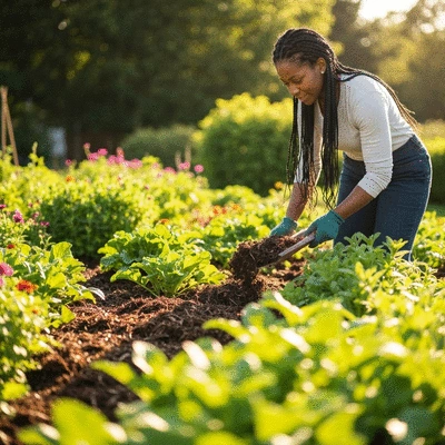 Gardener spreading mulch around plants in a vibrant garden bed