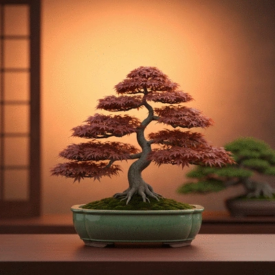Bonsai tree displayed artistically in a tranquil environment