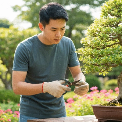 User engaging in bonsai gardening