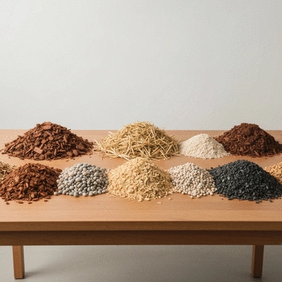 Various types of mulch samples (wood chips, straw, stones) laid out on a table