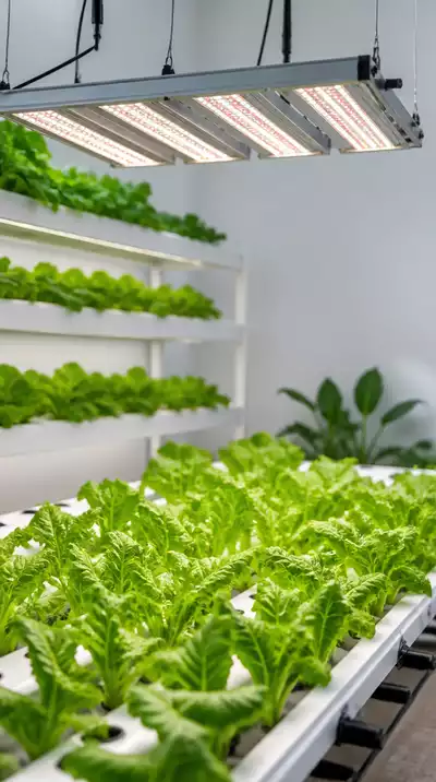 Hydroponic grow light setup in an indoor garden