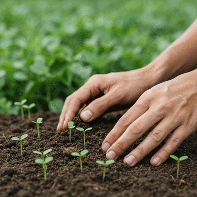 Close-up of healthy soil with small green plants sprouting, hands gently tending to the soil, no text, no words, no typography, clean image