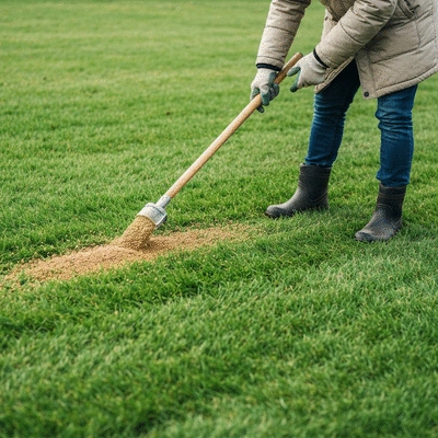 Person applying winterizer fertilizer to a lawn
