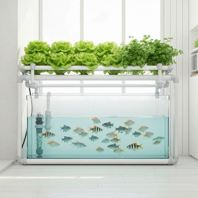 Illustration of a small home aquaponics system with fish in a tank and plants growing above