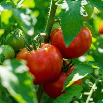 Close-up of vibrant red organic tomatoes growing on a vine in a garden