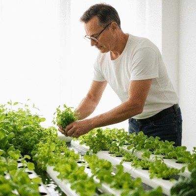 Harvesting herbs from an aquaponic garden