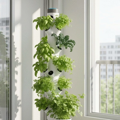 Hydroponic tower with various plants growing vertically in an urban apartment setting