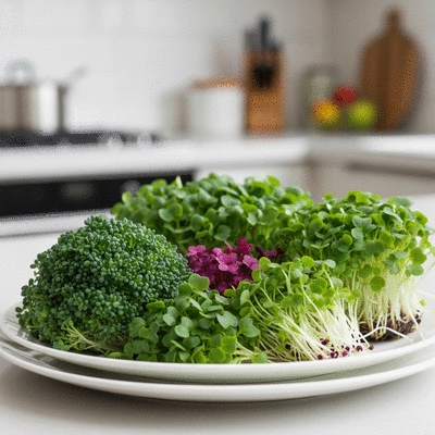 Freshly harvested microgreens displayed in a kitchen, showcasing vibrant colors and healthy appearance, no text, no words, no typography, clean image