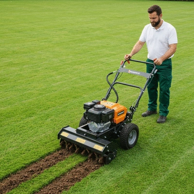 Professional gardener using a core aerator machine on a lush green lawn, with clear plugs of soil being removed