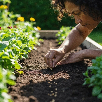 Close-up of a gardener's hands carefully planting heirloom seeds in rich soil