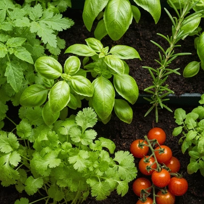 Close-up of fresh, vibrant herbs and small vegetables growing in a vertical garden planter
