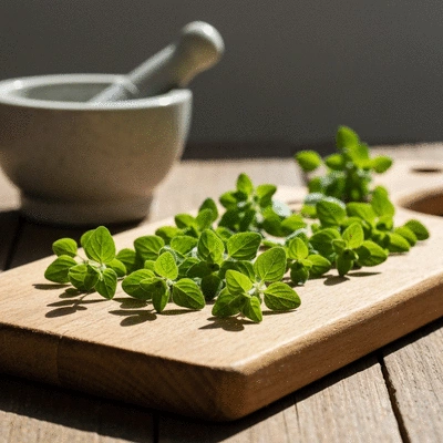 Fresh oregano sprigs on a rustic wooden cutting board with a mortar and pestle in the background, bright natural light, no text, no words, no typography, clean image