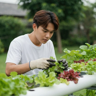 Hands performing maintenance on an aquaponics system, testing water, or checking plants, clean image, no text
