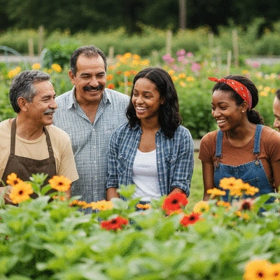 Gardeners collaborating and sharing tips in a community garden setting