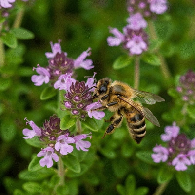 Close-up of a bee pollinating creeping thyme flowers with vibrant colors