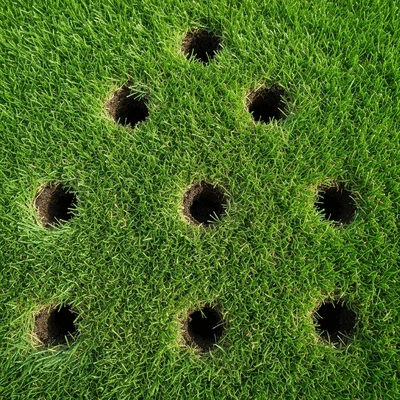 Close-up of a healthy, green lawn with visible aeration holes and strong grass roots in rich soil