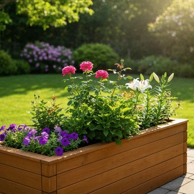 Modern wooden garden box filled with vibrant green plants and blooming flowers, in a sunny backyard setting