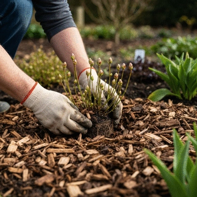 Close-up of a gardener applying mulch around the base of a plant in a winter garden, with gloved hands and a fresh layer of wood chips, no text, no words, no typography, 8K, natural lighting