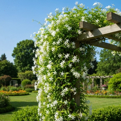Star jasmine growing on a trellis in a sunny garden