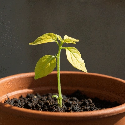 Close-up of a small, struggling seedling with yellowing leaves and leggy growth in a pot, demonstrating seedling stress, no text, no words, no typography, 8K