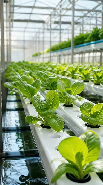 Hydroponic greenhouse with plants growing in nutrient-rich water