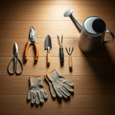 An organized arrangement of various gardening tools on a wooden background, clean image, no text, no words, no typography