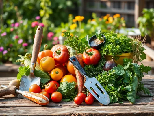 Assortment of gardening tools and fresh produce