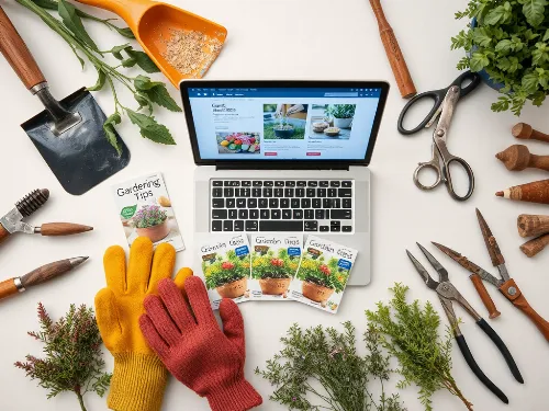 Close-up of gardening tools and seed packets with a laptop showing gardening tips